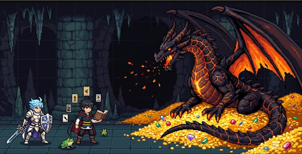 Adventurers confront an ancient dragon in a dungeon